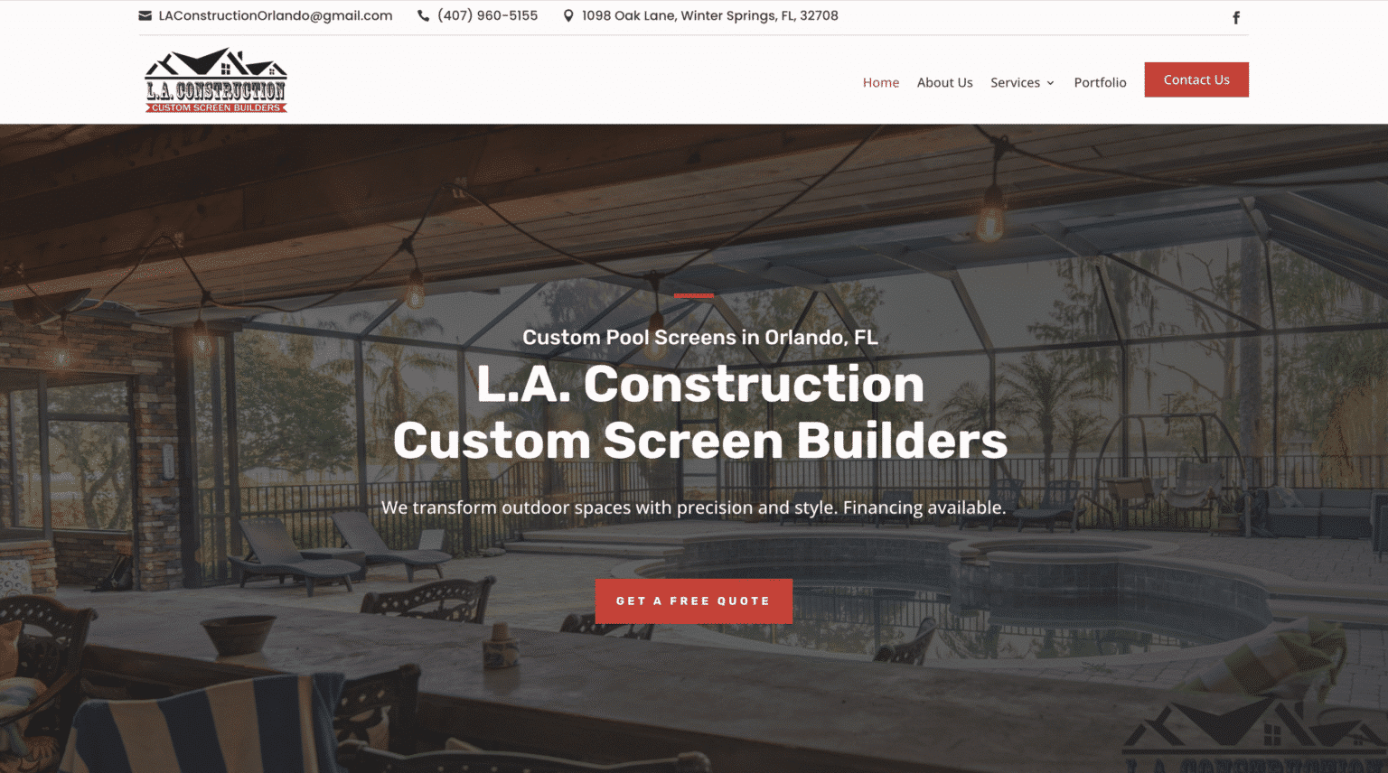 LA Construction Custom Screen Builders website