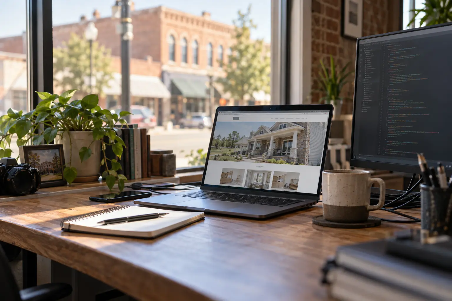 Desk by a window facing a small-town main street, a laptop showing a home builder website and a monitor showing code